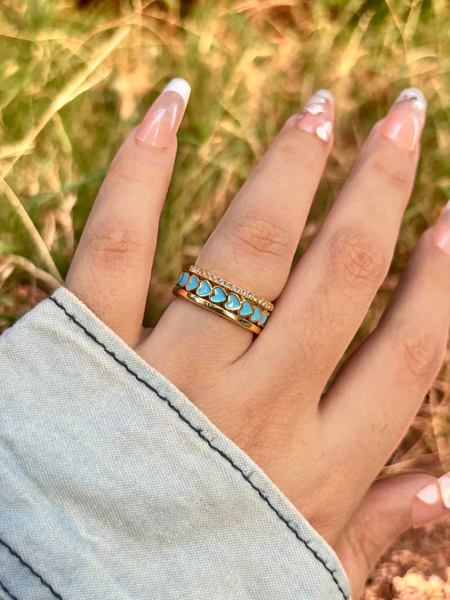 Sky Blue Hearts Band Ring - Adjustable