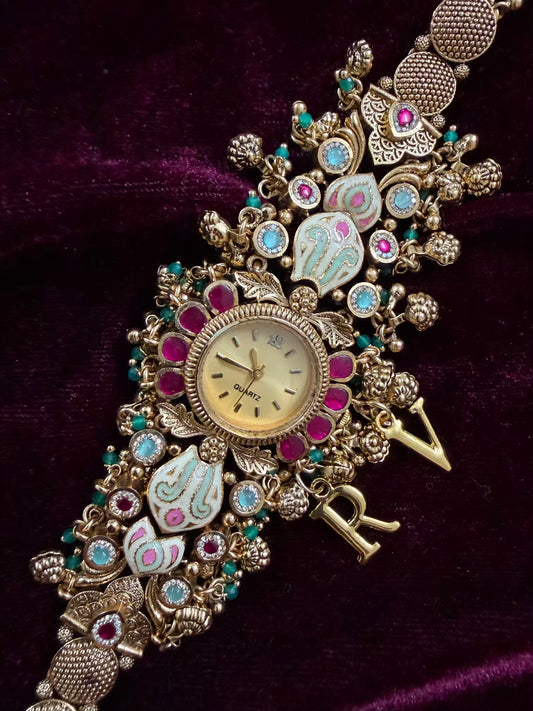 Pink Kundan Premium Gold Maharani Watch Design Heritage Bracelet