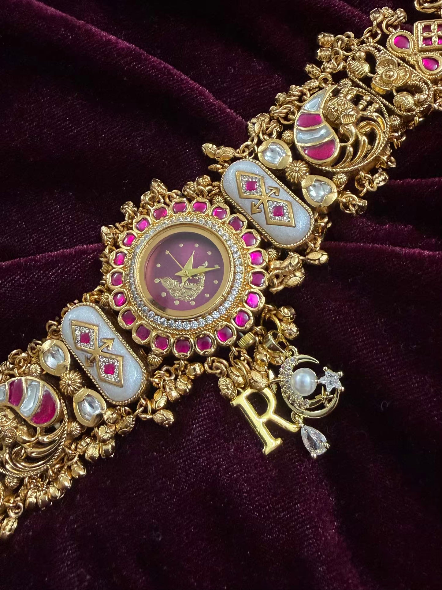 Burgundy Peacock Dial Maharani Watch Heritage Bracelet ( Add your initial FREE )