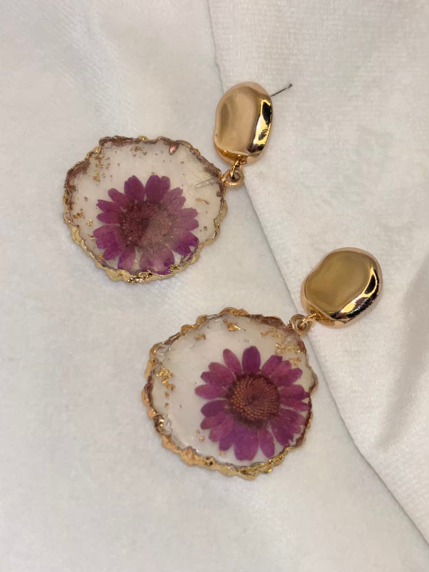 Magenta Pink Jamun Sunflower Pearl Earrings - Gold Plated