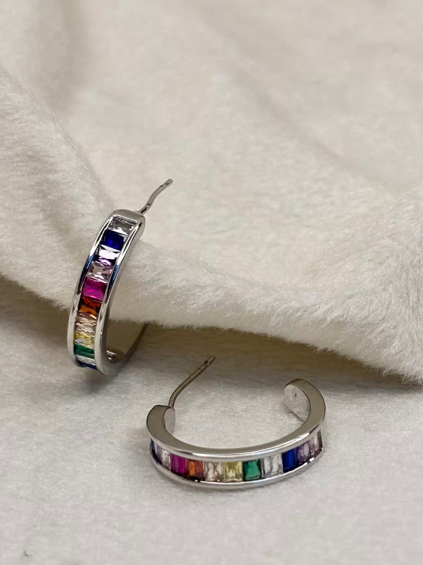 Multi Colourful Rainbow Huggies Earrings Studs - Silver Plated