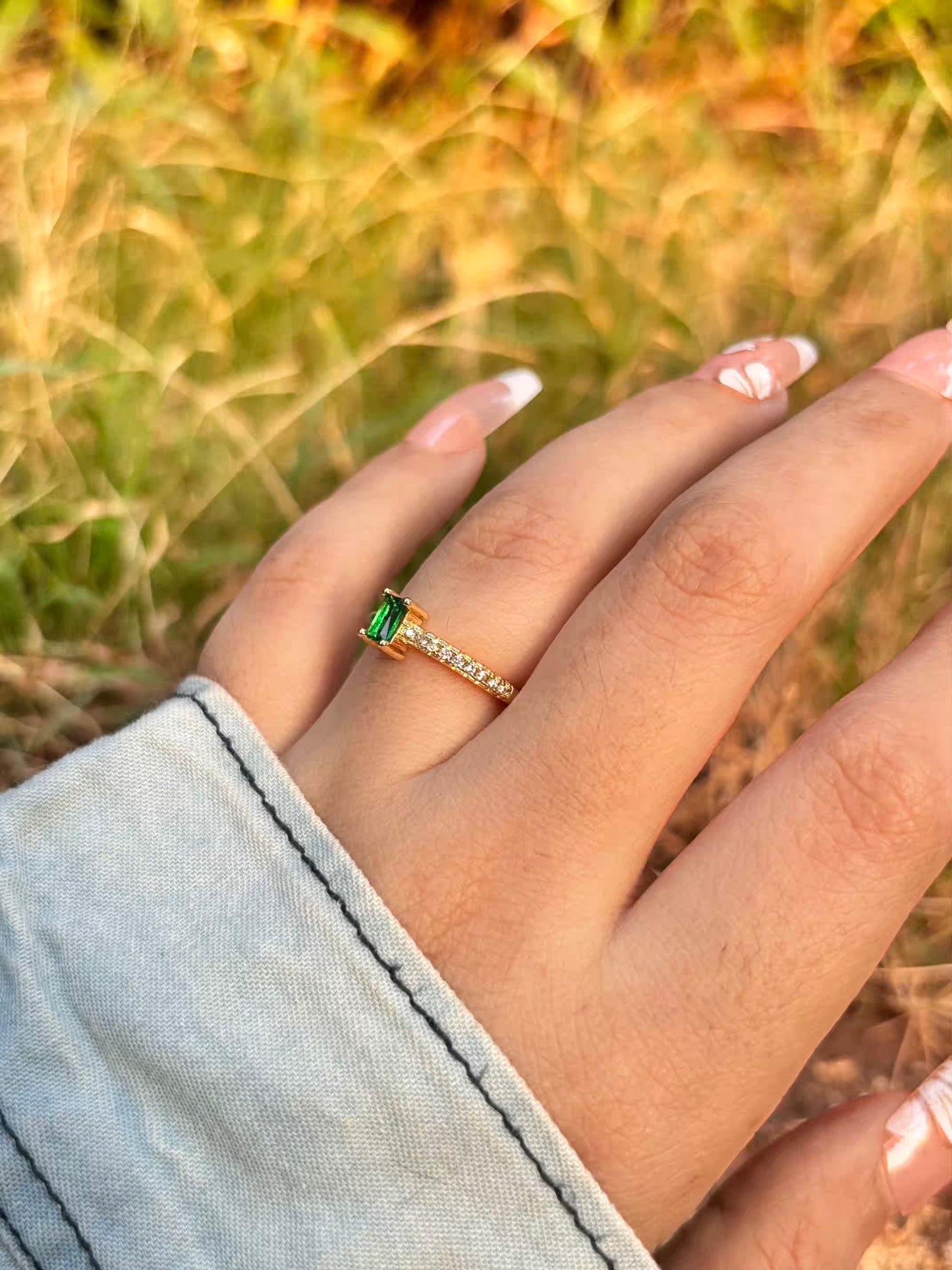 Emerald Green Solitaire Band Ring - Adjustable