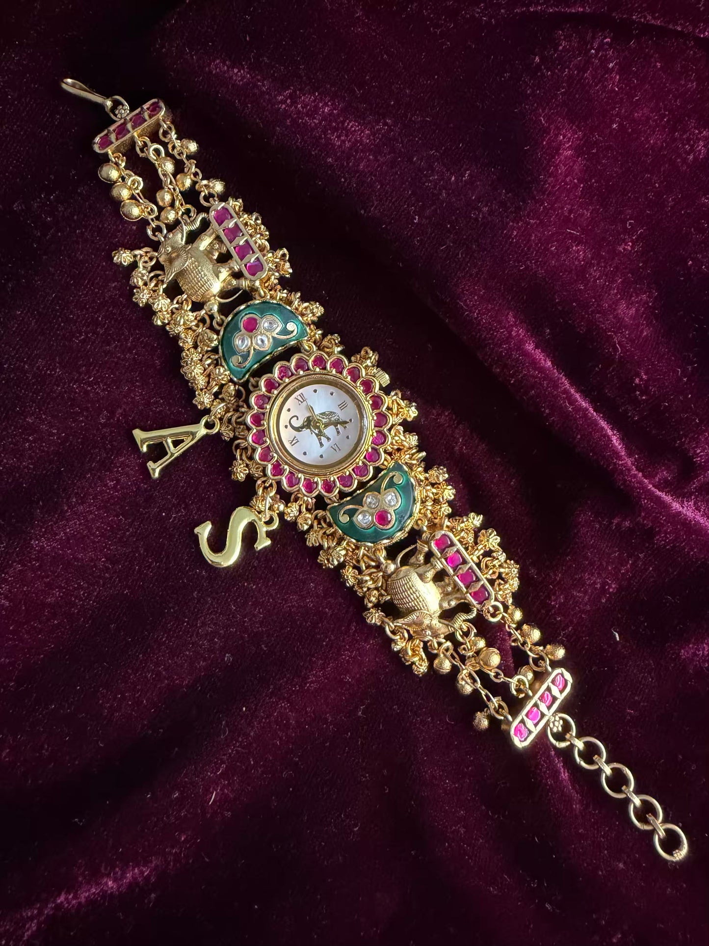 White Green Dial Half Moon Maharani Watch Design Bracelet