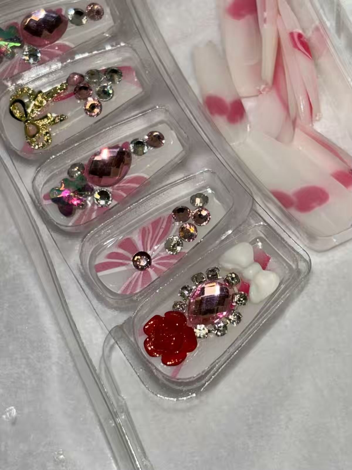 White Cherry Pink Stones Shimmery Fancy Party Bridal Press On Nails ( Set of 24 )