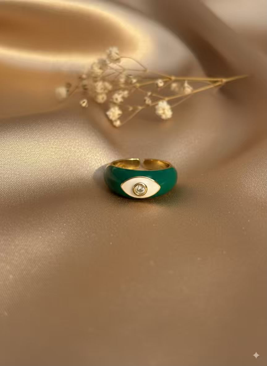 Green Evil Eye Gold Plated Premium Ring (Adjustable)