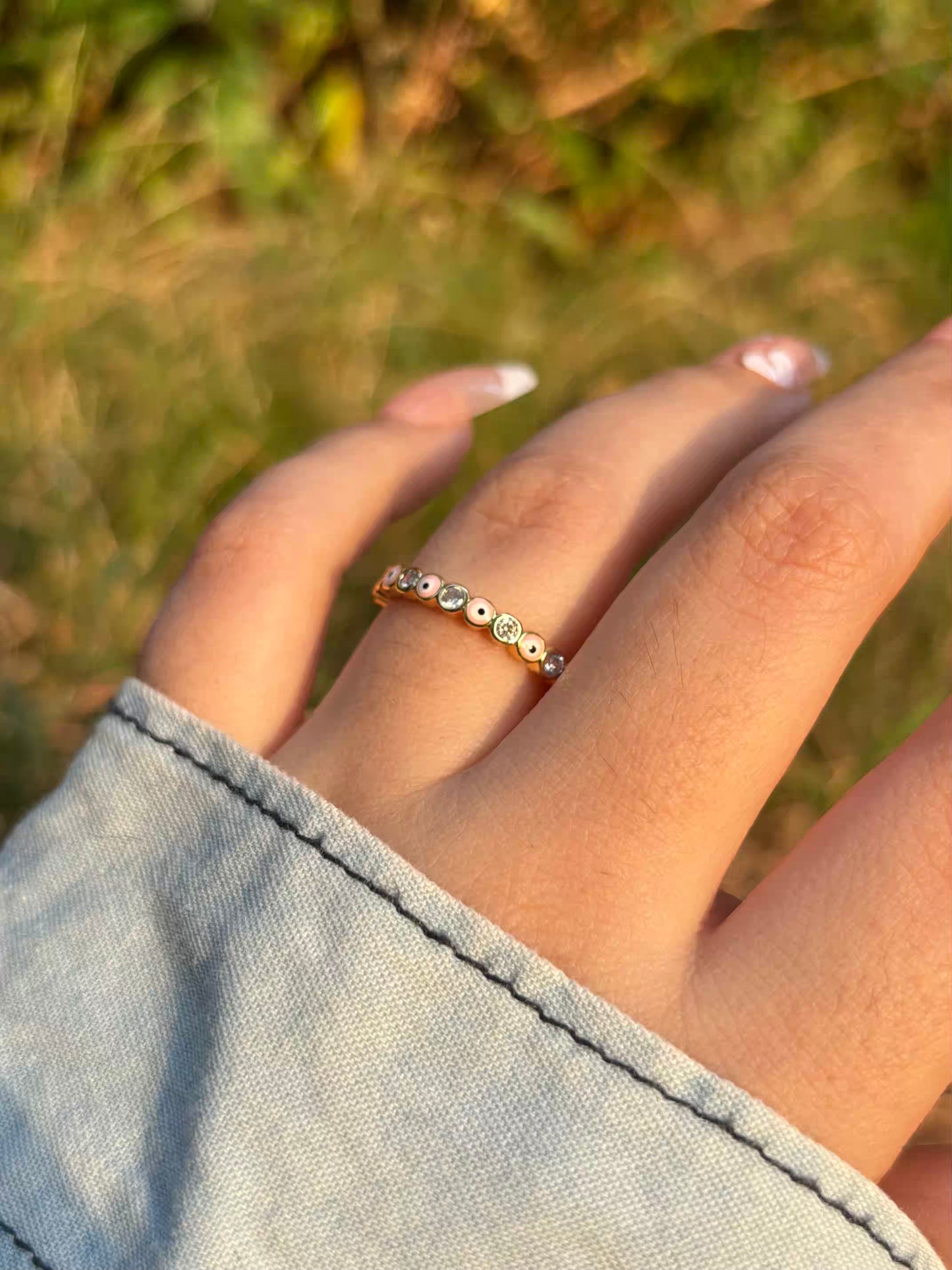 Light Pink Thin Evil Eye Band Ring - Adjustable