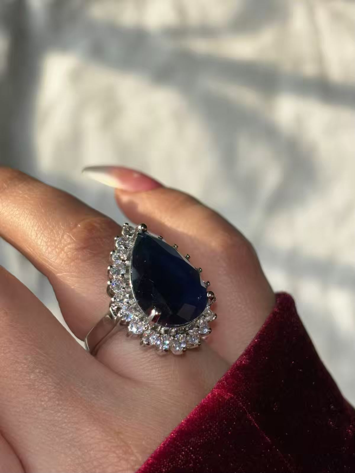 Princess Sapphire Blue Tears Drop Ruby Red Royal Solitaire Ring ( Silver ) Adjustable