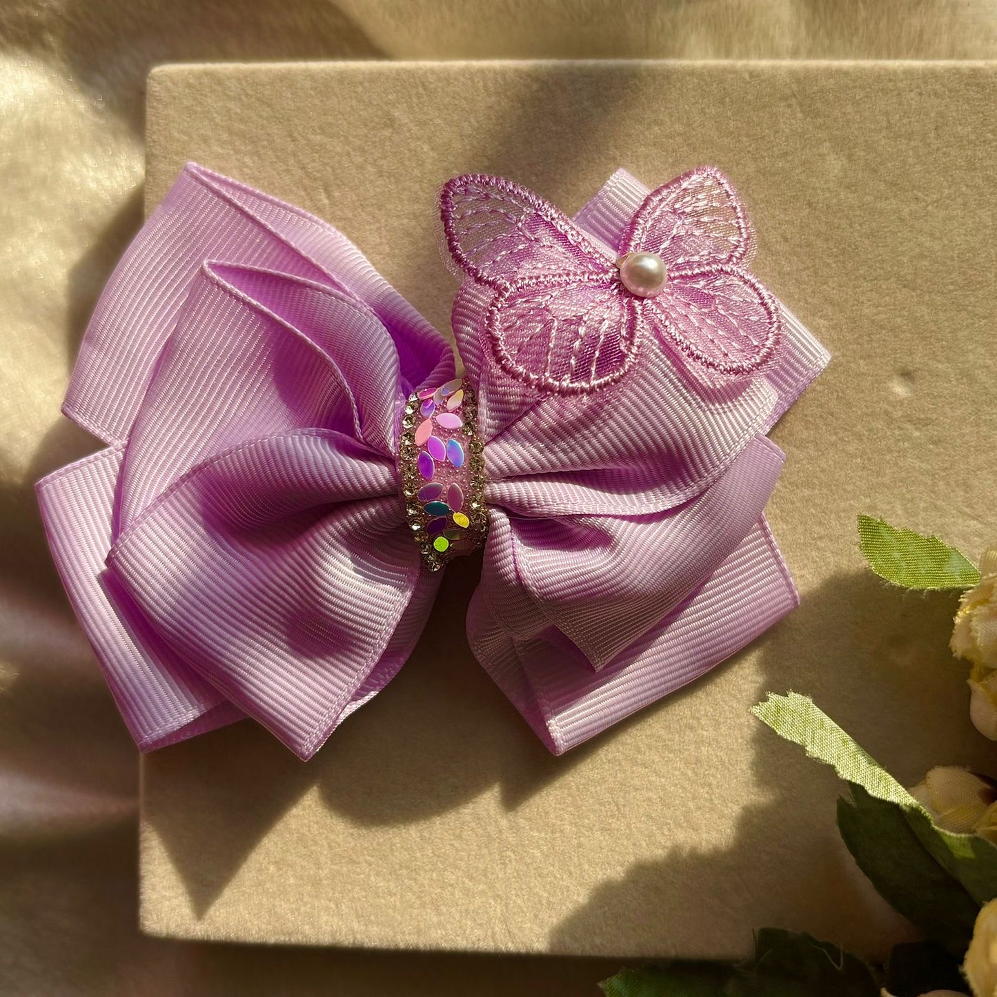 Butterfly Shimmer Double Hair Bow Clip For Women - Lilac Purple ( Ribboned)