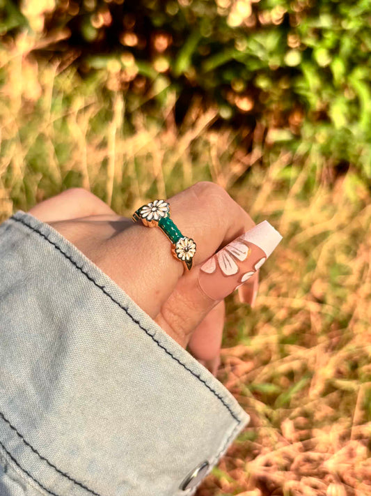 Green Sunflower Band Ring - Adjustable
