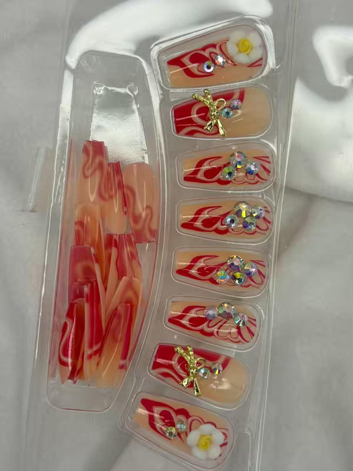 Nude Red Flowery Gradient Fancy Party Bridal Press On Nails ( Set of 24