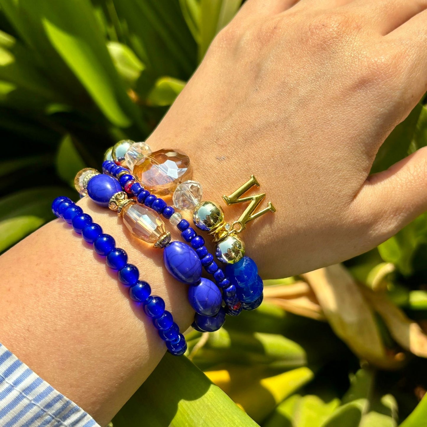 Bright Blue Crystals Stack Elastic Bracelet With Customised Initial ( Gold )