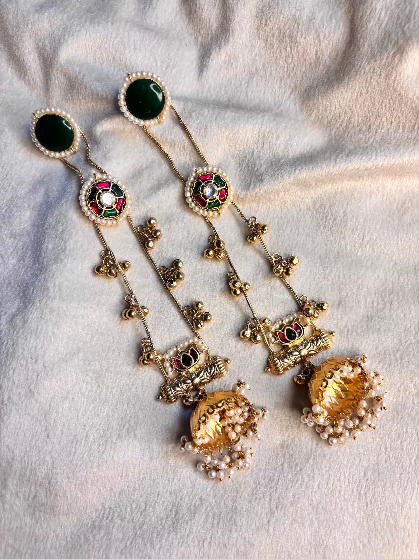 Emerald Green Long Loaded Jhumkas No Kashmiri Brass Premium Plated Ghungroo Earrings ( FLAT 15% off At Cart )