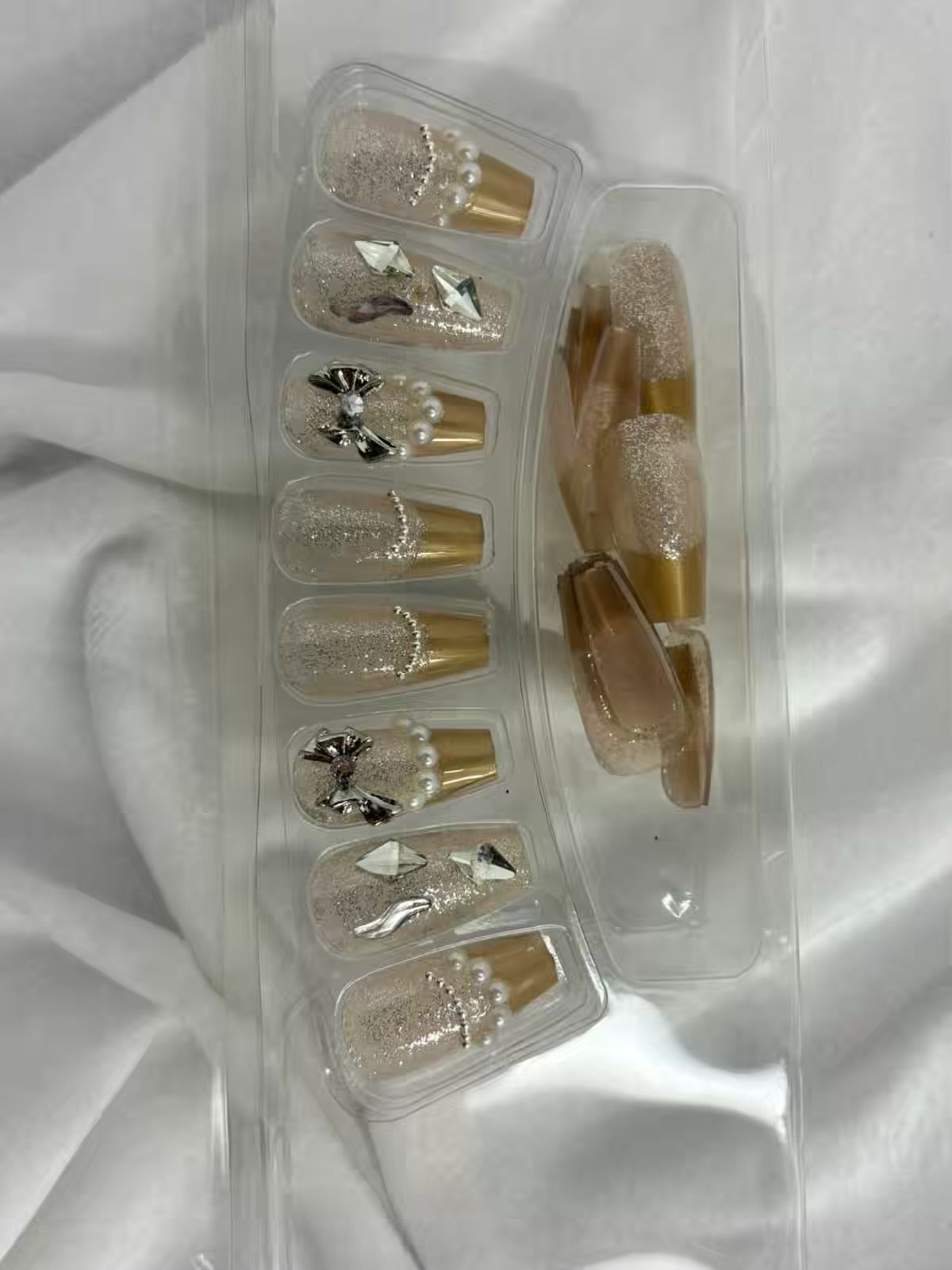 Gold Transparent French Shimmery Fancy Party Bridal Press On Nails ( Set of 24 )
