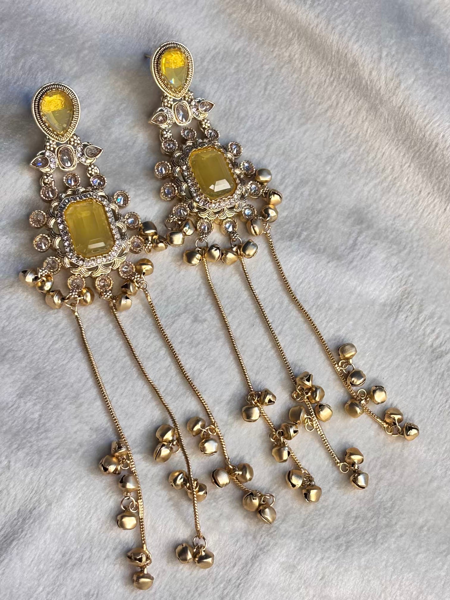 Yellow Stud Kashmiri Brass Premium Plated Ghungroo Earrings ( FLAT 15% off At Cart )