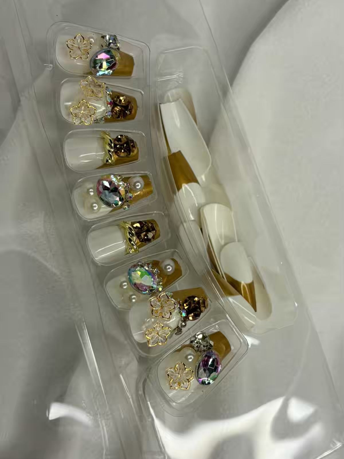 White Gold Flowers French Fancy Party Press On Nails ( Set of 24 )