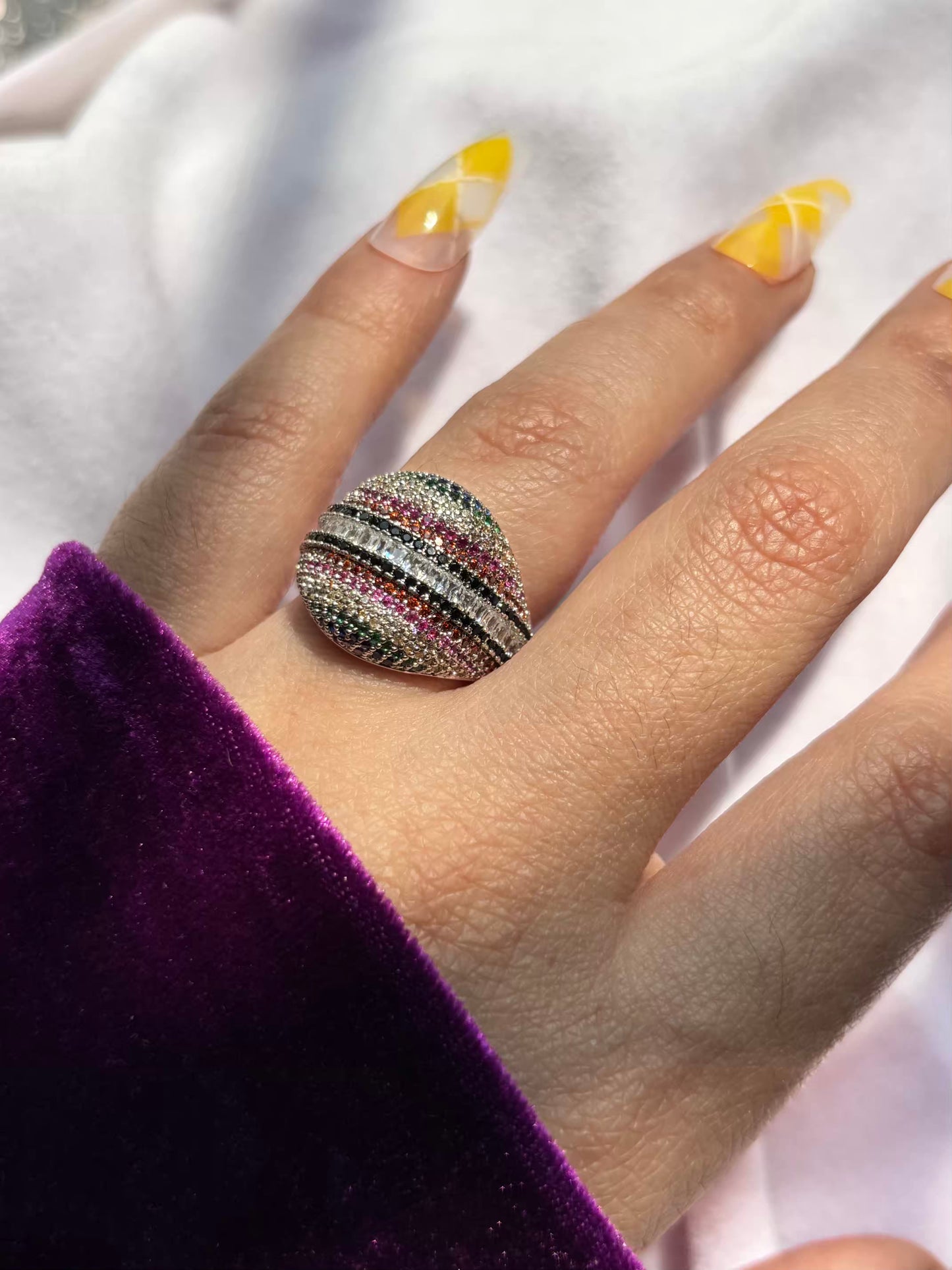 Premium Silver Colourful Loaded Studs Cocktail Style Ring in Size 8 US