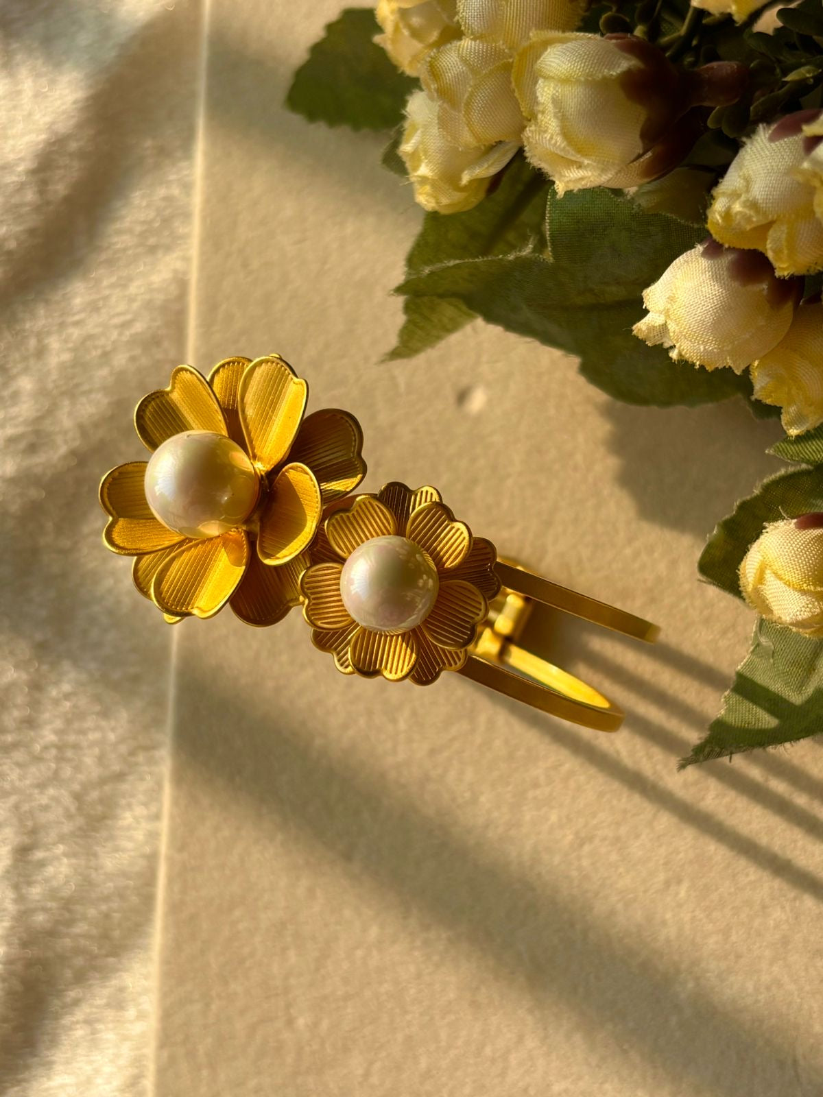 Ariana Real Bloomy Pearls Kada Bracelet Bangle - Gold