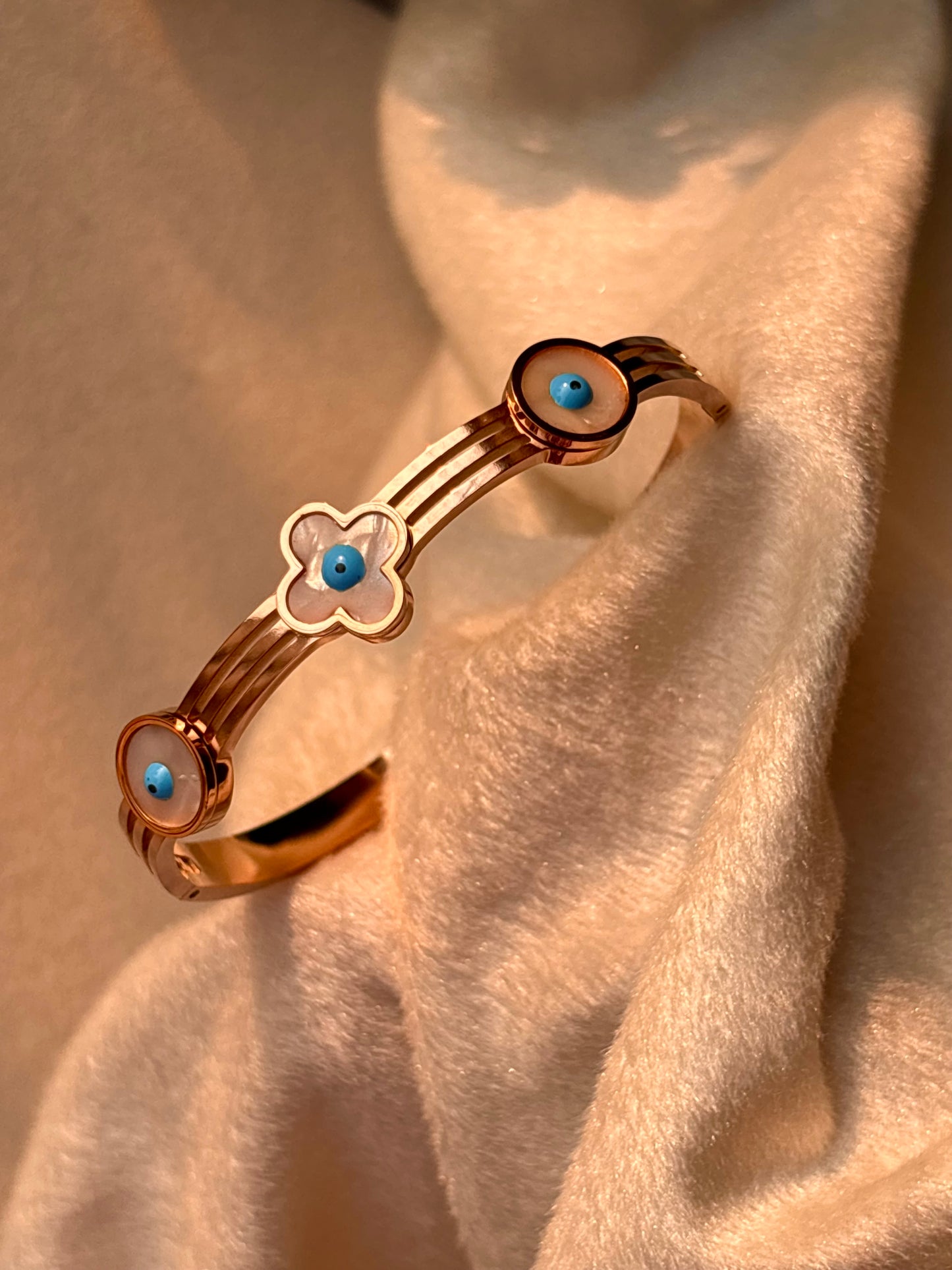 Clover Evil Eye Kada Bracelet Bangle - Rose Gold