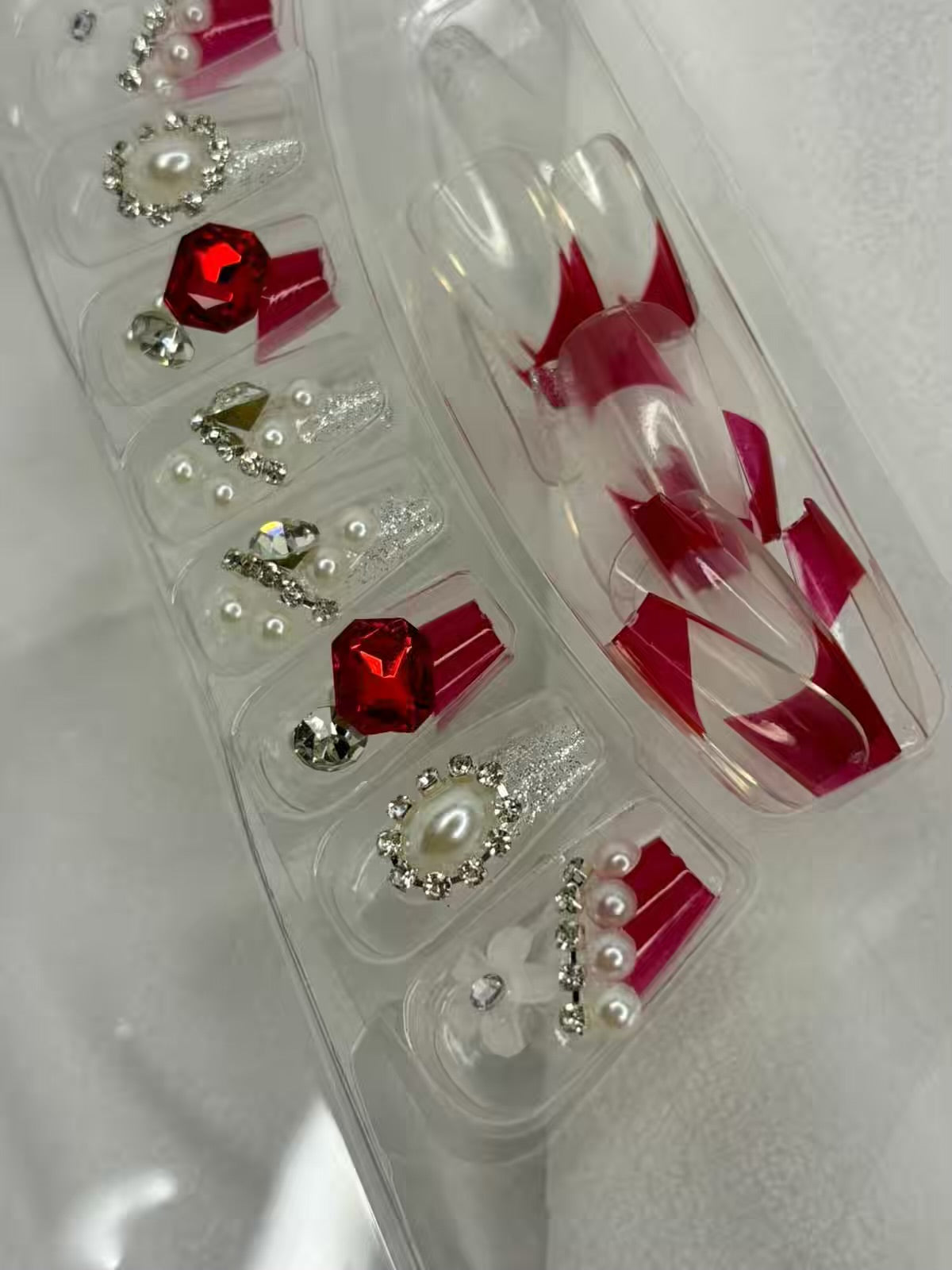 Transparent Red Ruby Stones Fancy Party Bridal Press On Nails ( Set of 24 )