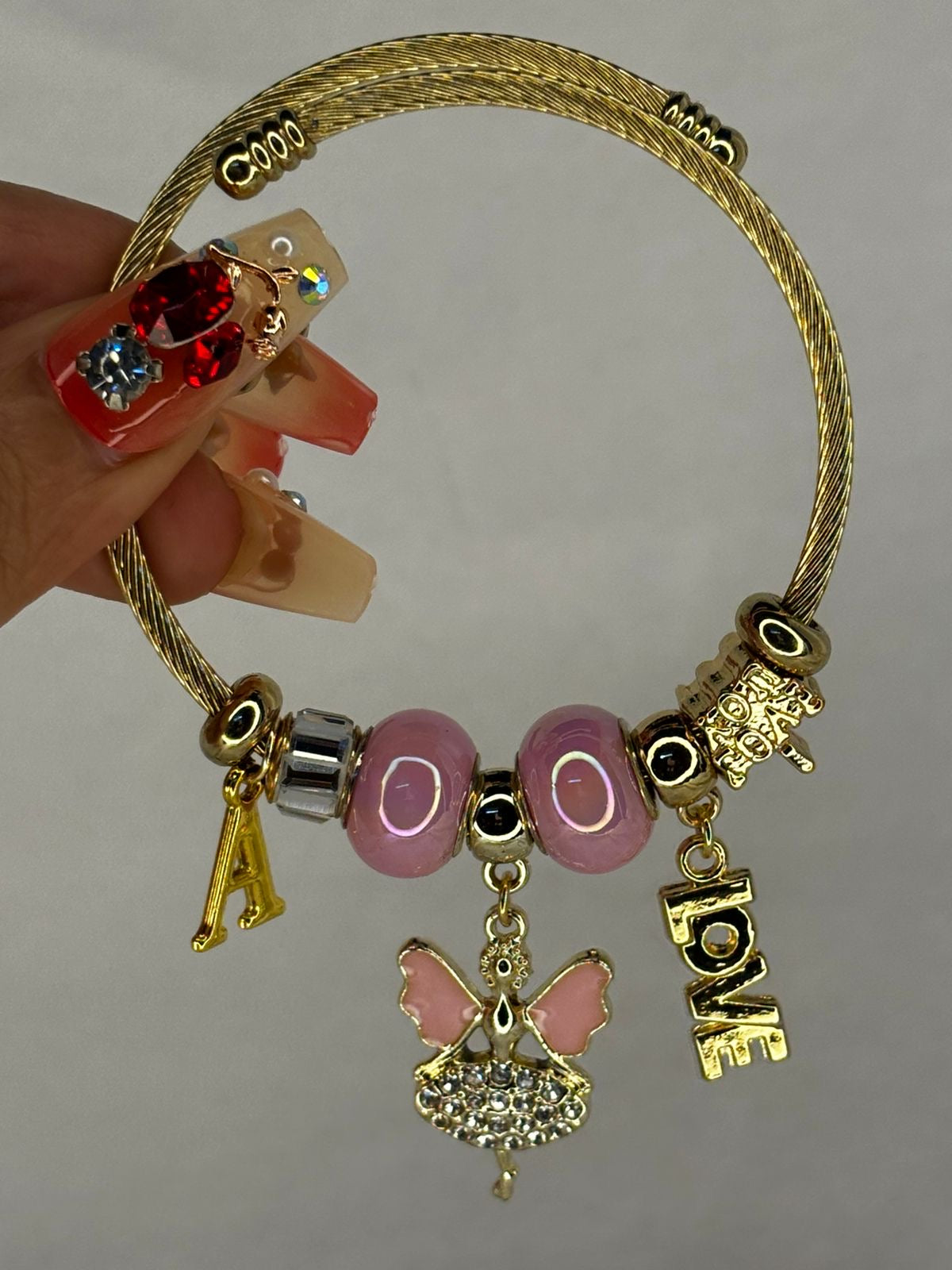 Pandora Charms Pink Fairy Bracelet With Customised Initial ( Silver )
