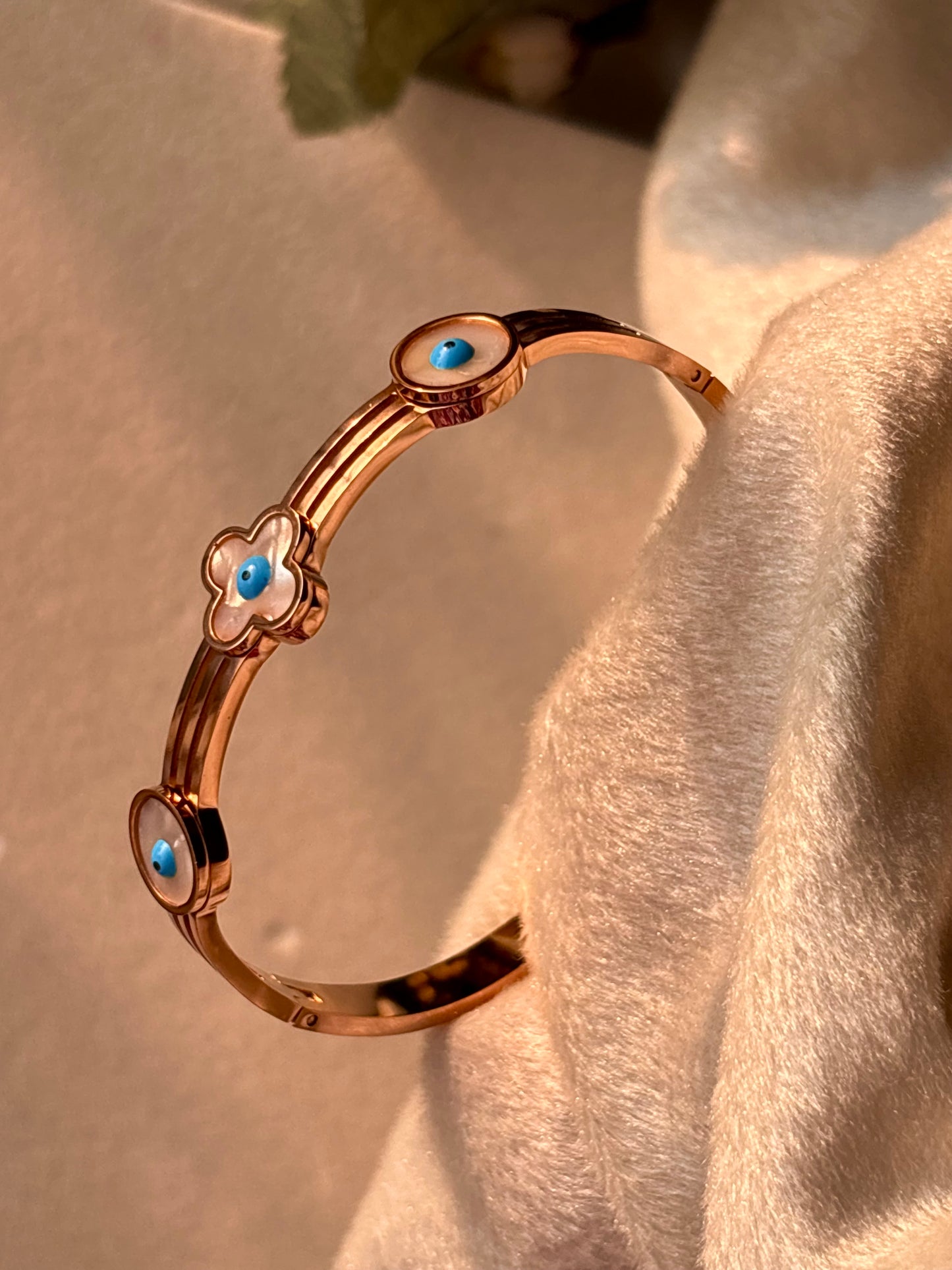 Clover Evil Eye Kada Bracelet Bangle - Rose Gold