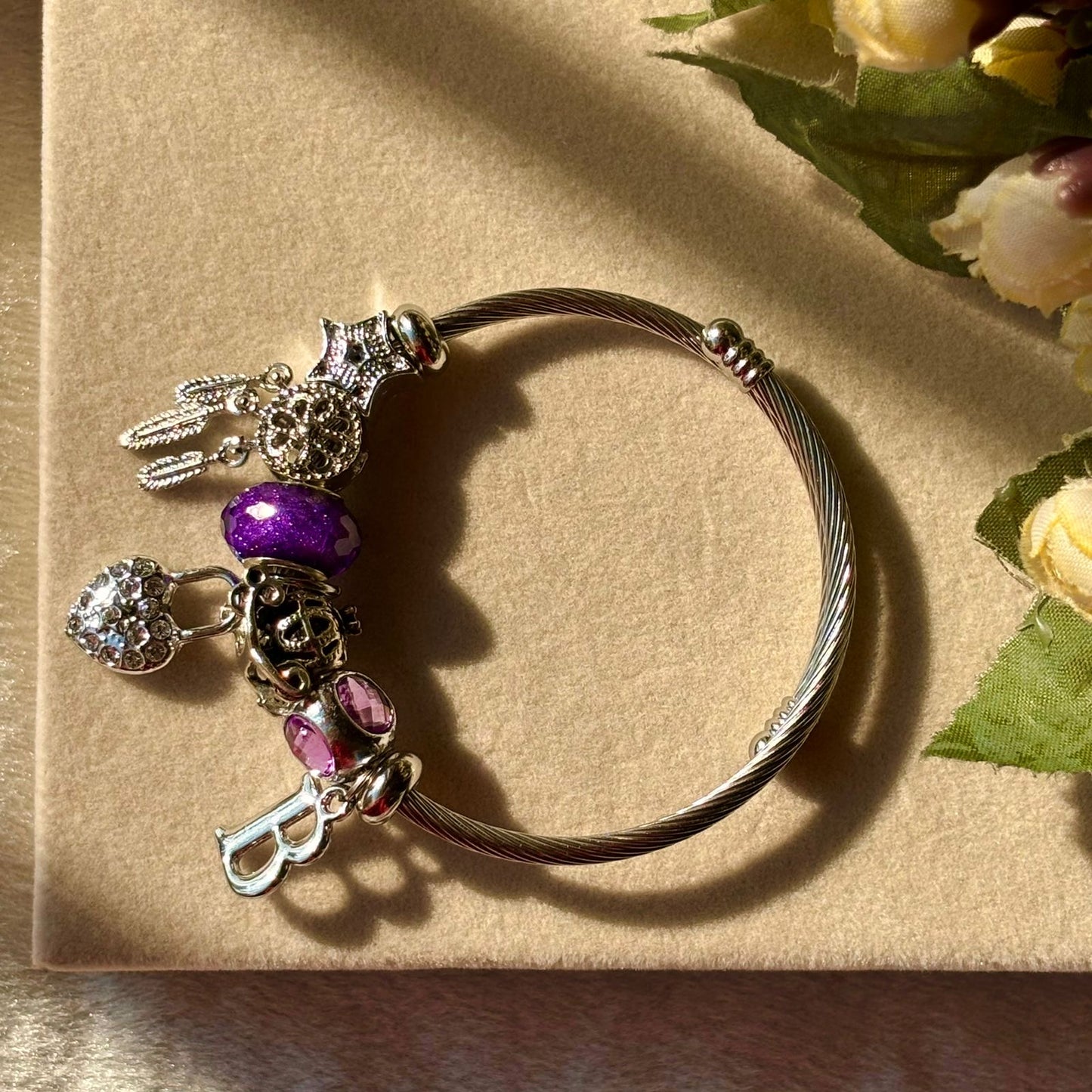 Pandora Style Purple Heart Dreamcatcher Charms Bracelet With Customised Initial ( Silver )