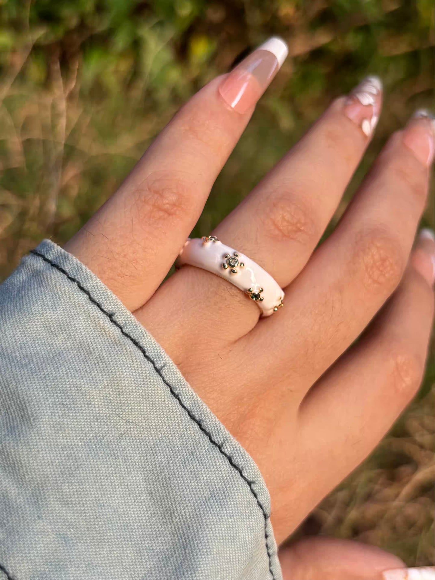 White Stars Thick Band Ring - Adjustable