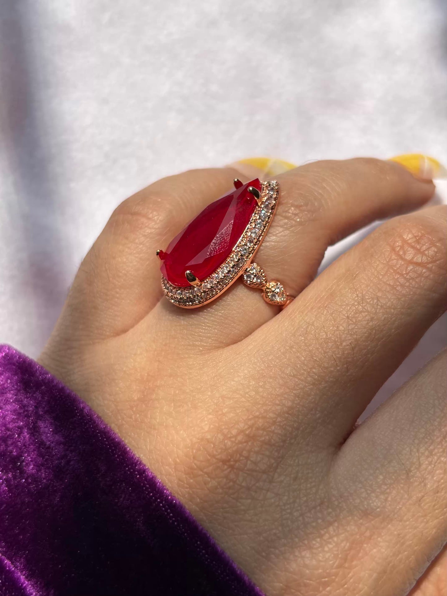 Long Drop Red Ruby Solitaire Ring ( Rose Gold ) - Adjustable