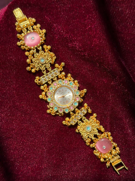 Pink Blue Premium Gold Rajwadi Gold Plated Heritage Maharani Watch
