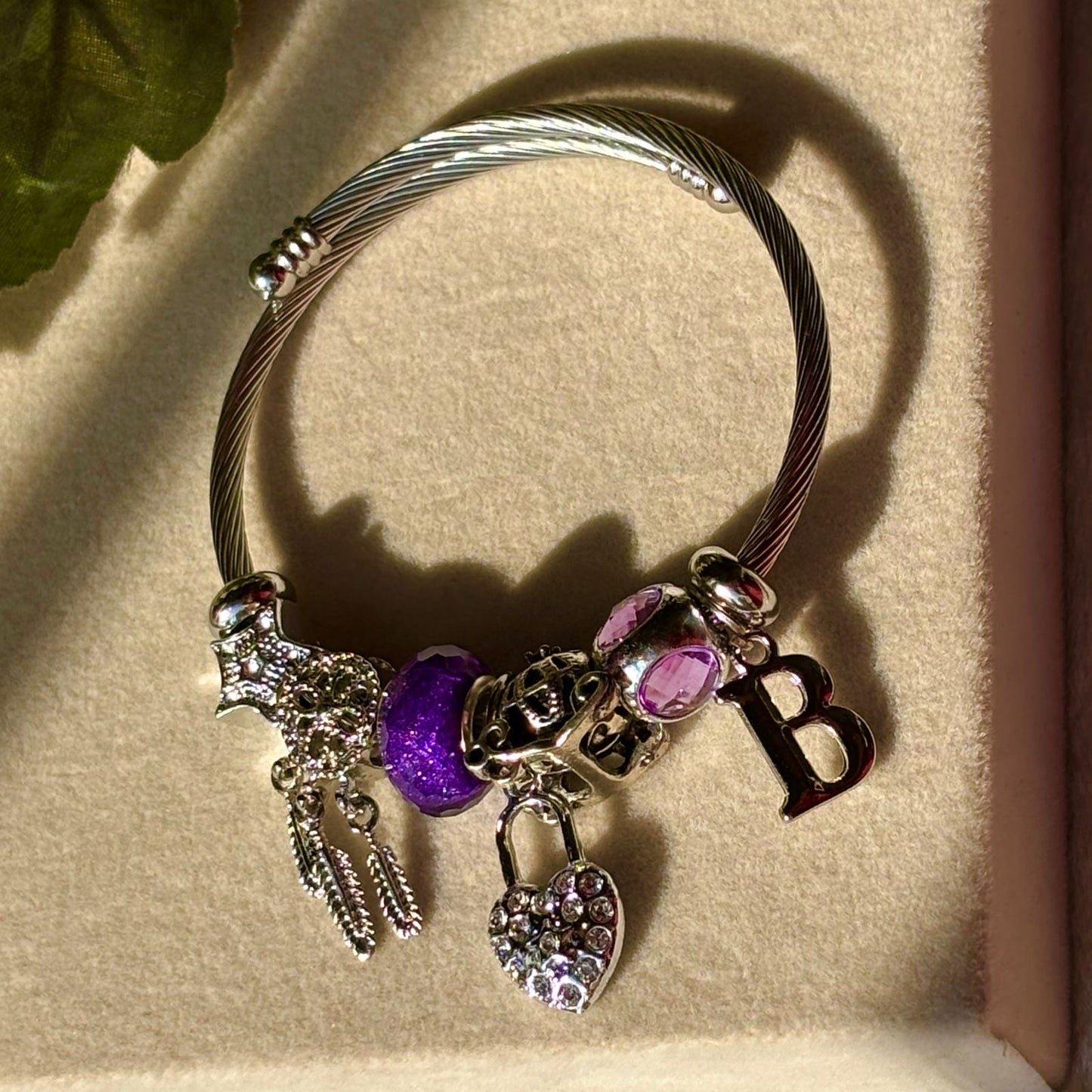 Pandora Style Purple Heart Dreamcatcher Charms Bracelet With Customised Initial ( Silver )