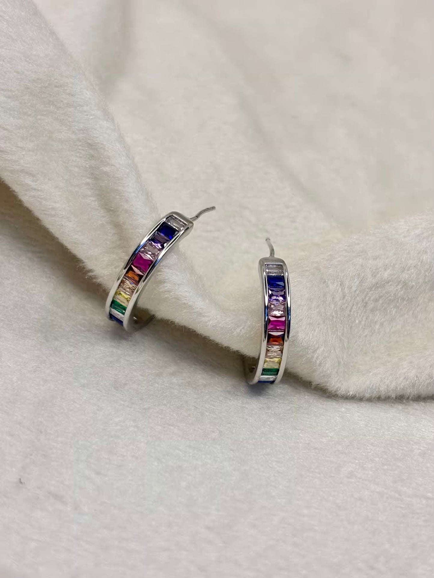 Multi Colourful Rainbow Huggies Earrings Studs - Silver Plated
