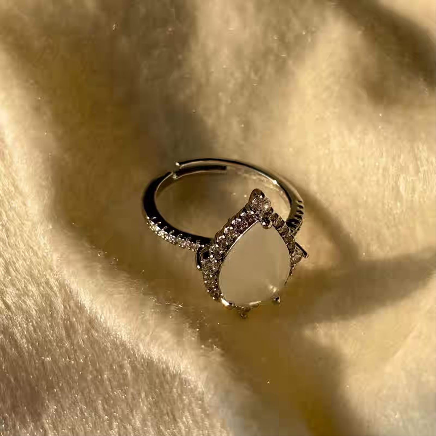 Drop Milky White Stone Solitaire Ring Adjustable