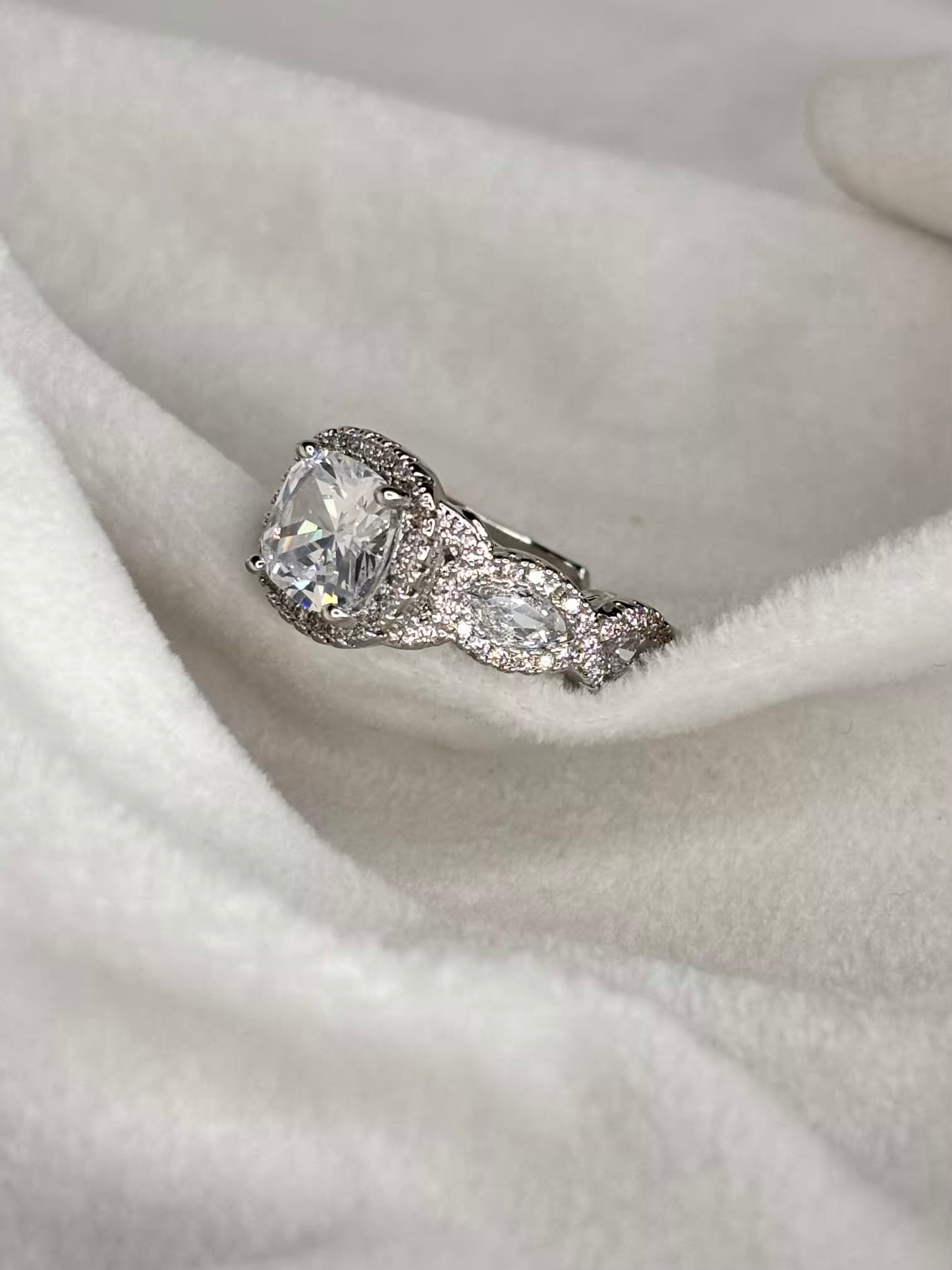 Cushion Solitaire Ring Adjustable Silver