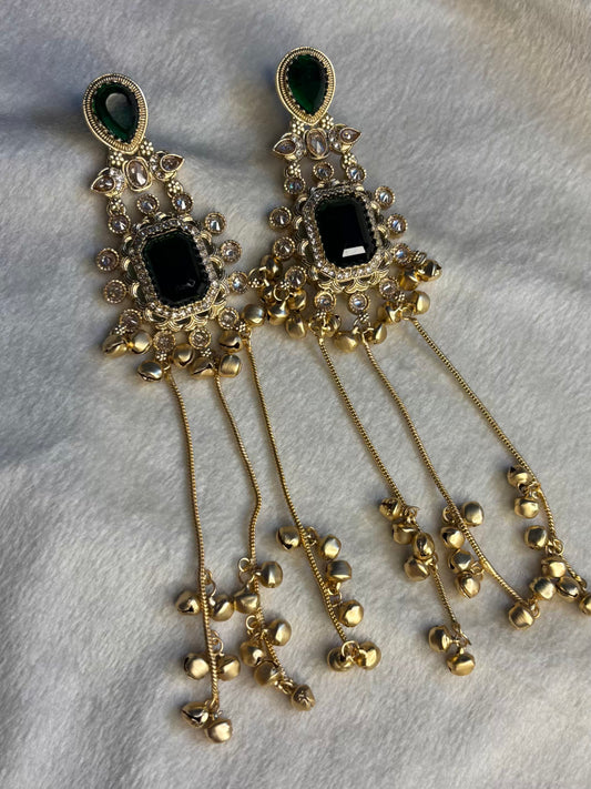 Green Emerald Kashmiri Brass Premium Plated Ghungroo Earrings ( FLAT 15% off At Cart )