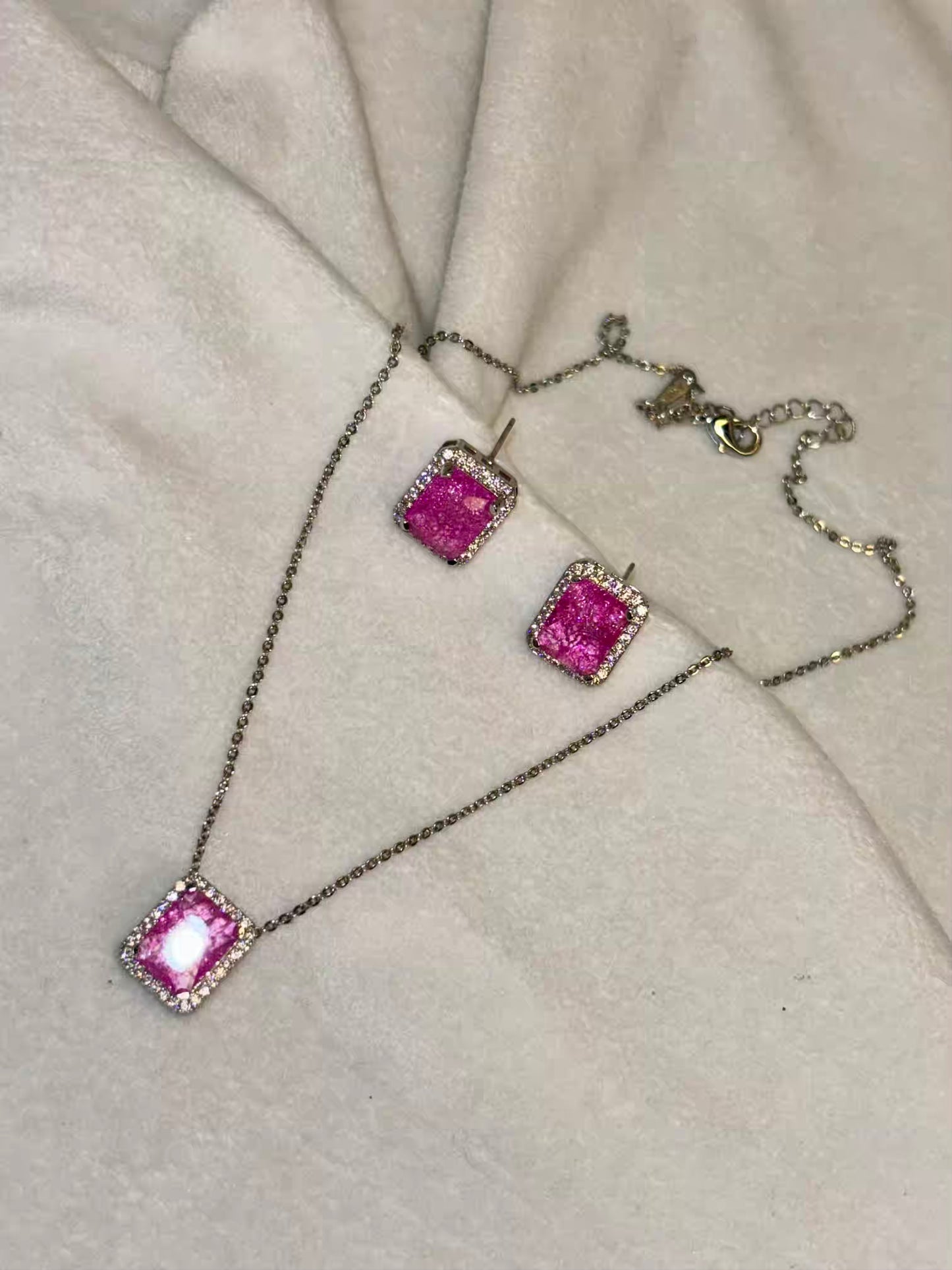 Fuschia Pink Milky Stones Diamond Necklace Ear Studs Set - Silver Plated