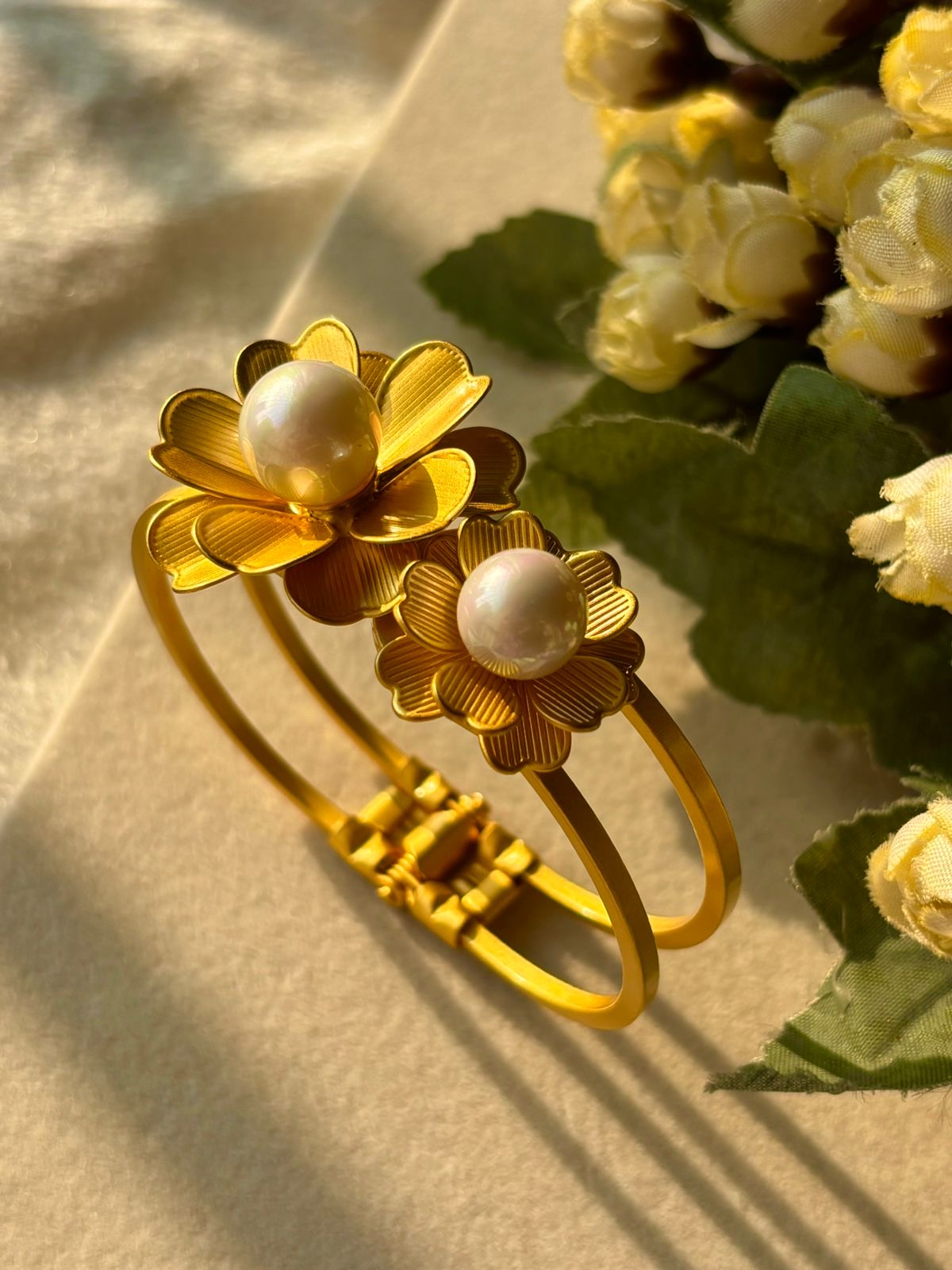 Ariana Real Bloomy Pearls Kada Bracelet Bangle - Gold