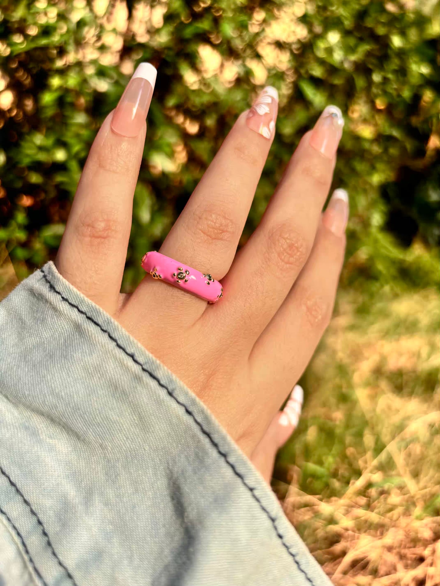 Fuschia Pink Stars Band Ring - Adjustable