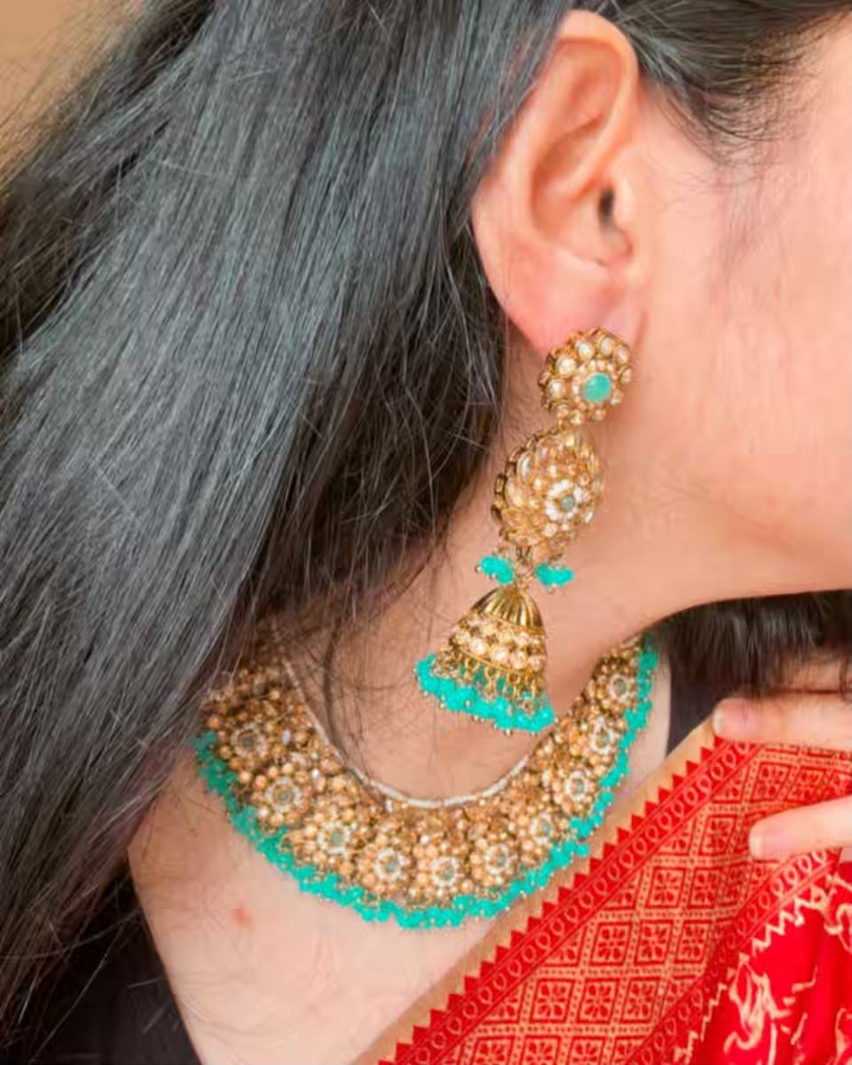 Premium Victorian Turquoise Blue Cyan Set of Necklace , Earrings and Maang Tika