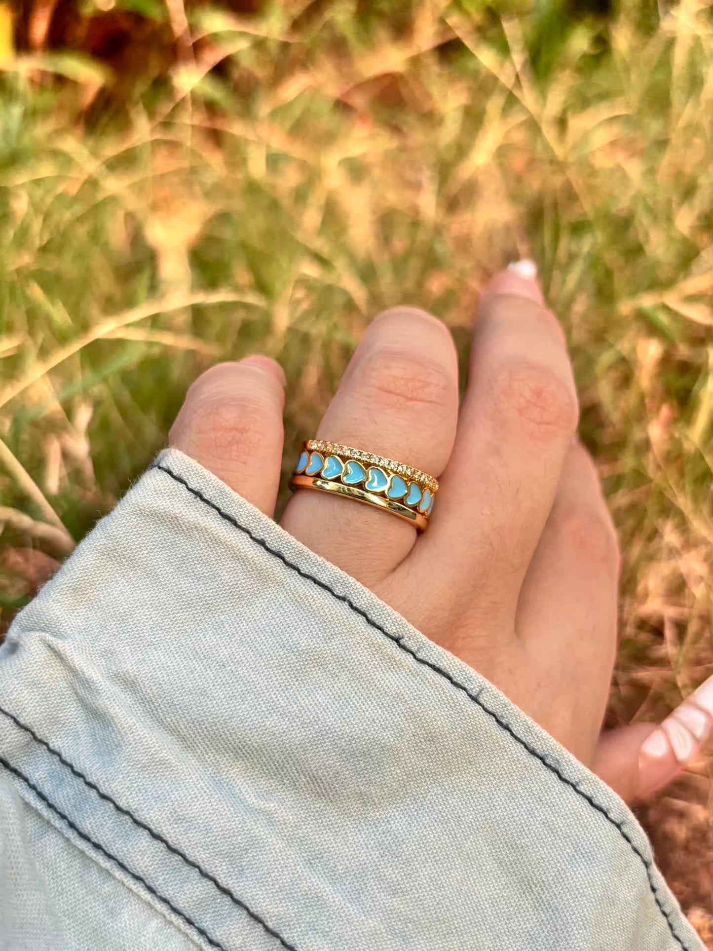 Sky Blue Hearts Band Ring - Adjustable