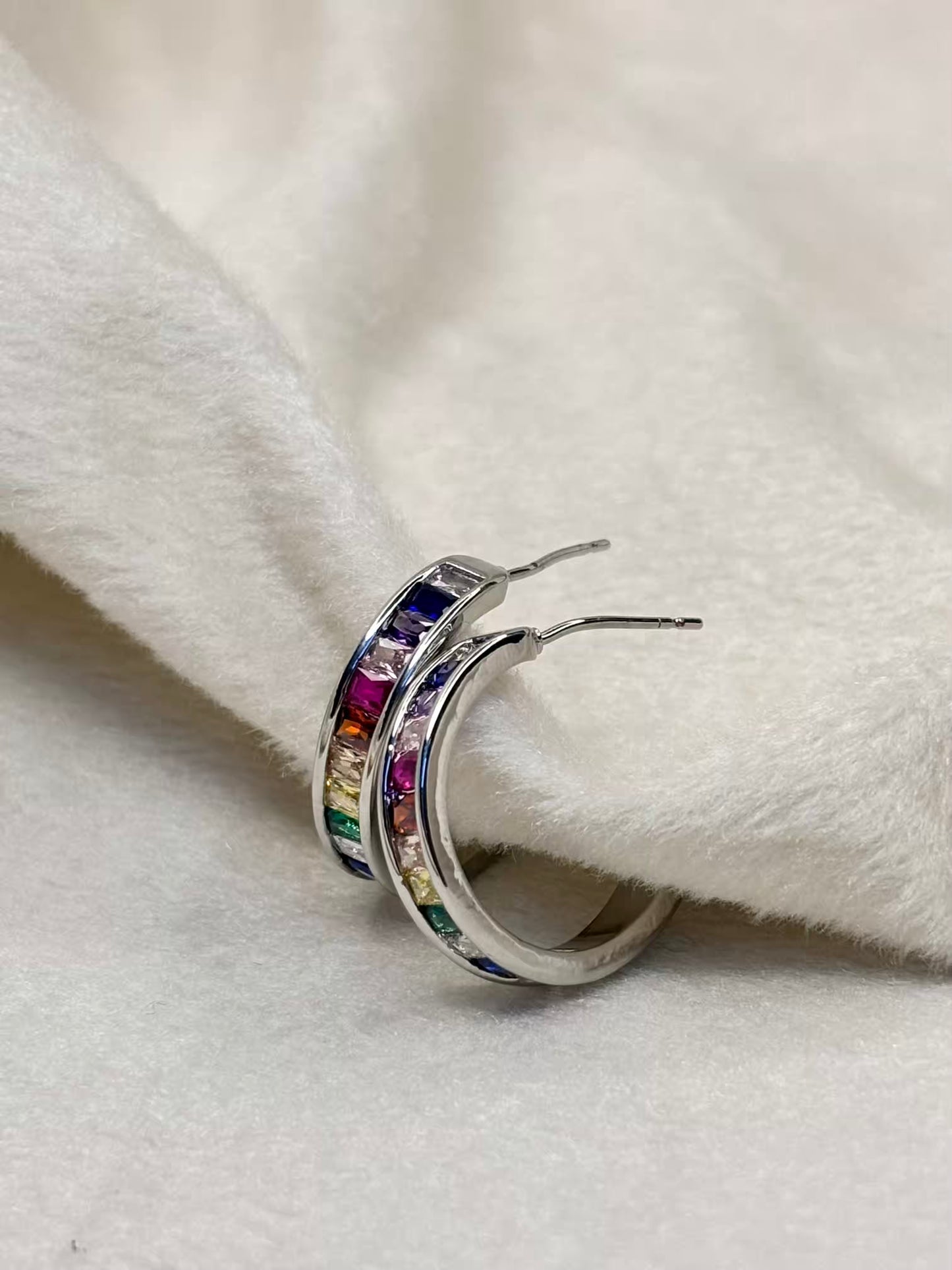 Multi Colourful Rainbow Huggies Earrings Studs - Silver Plated