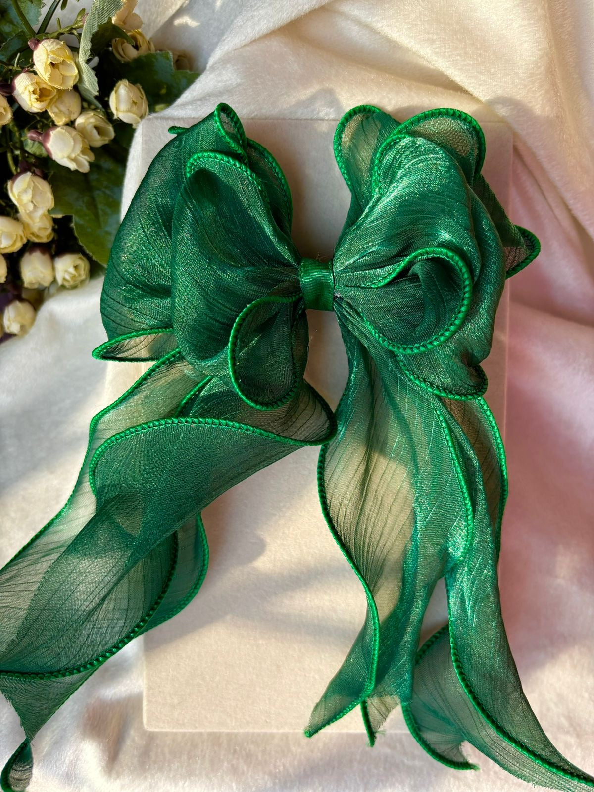 Layered Princess Hair Bow Clip For Women ( Dark Green Netted )