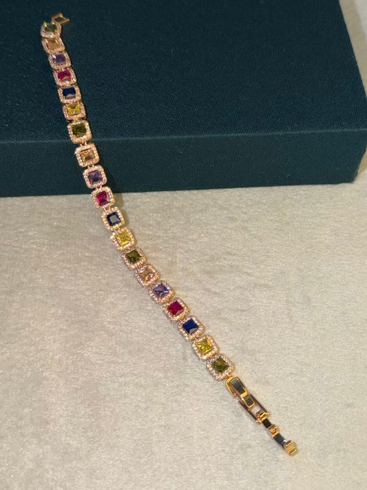 Multicolour Square Shape Stones Rose Gold Plated Tennis Bracelet