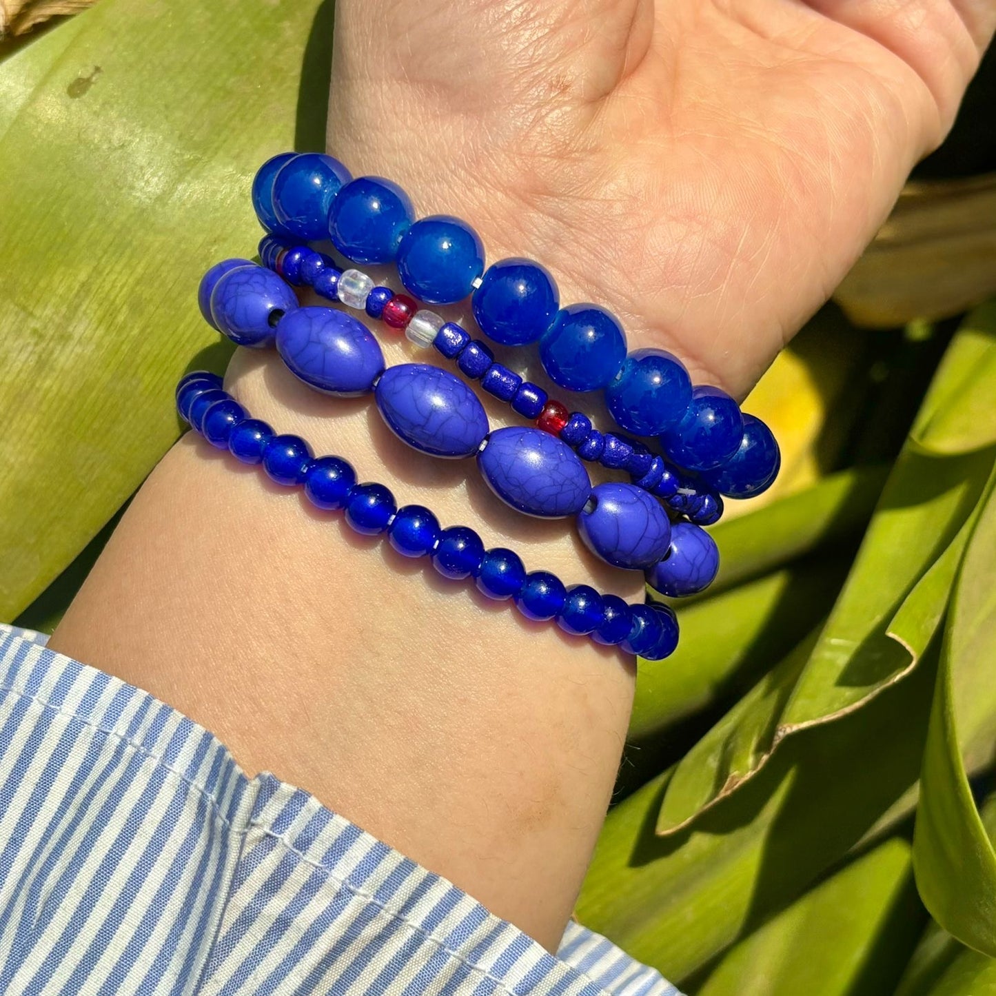 Bright Blue Crystals Stack Elastic Bracelet With Customised Initial ( Gold )