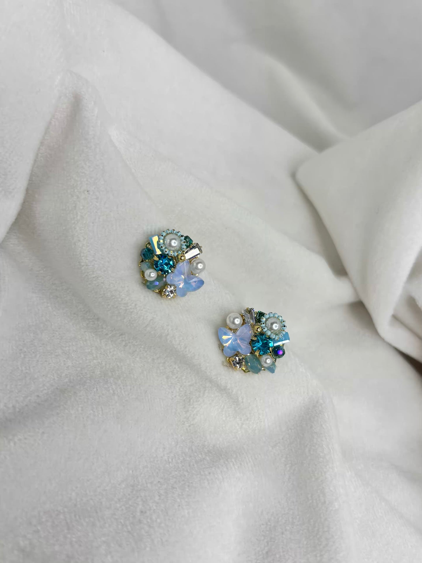 Blue Butterfly Small Pearly Earrings Studs - Gold Plated