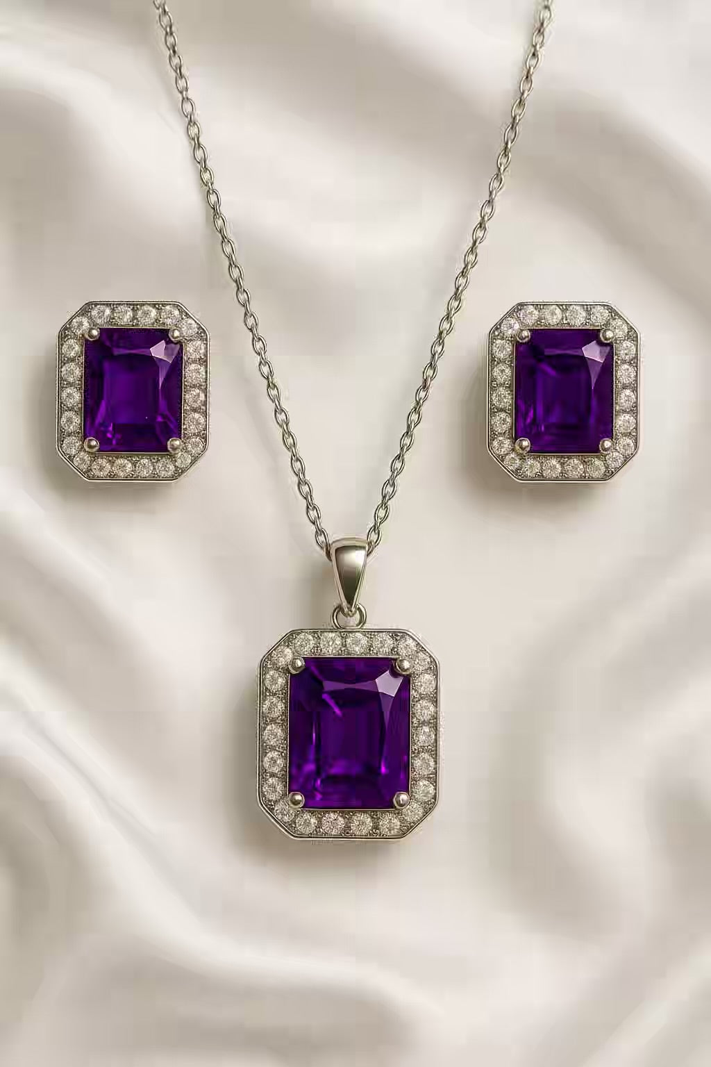 Purple Amethyst Diamond Necklace Ear Studs Set - Silver Plated