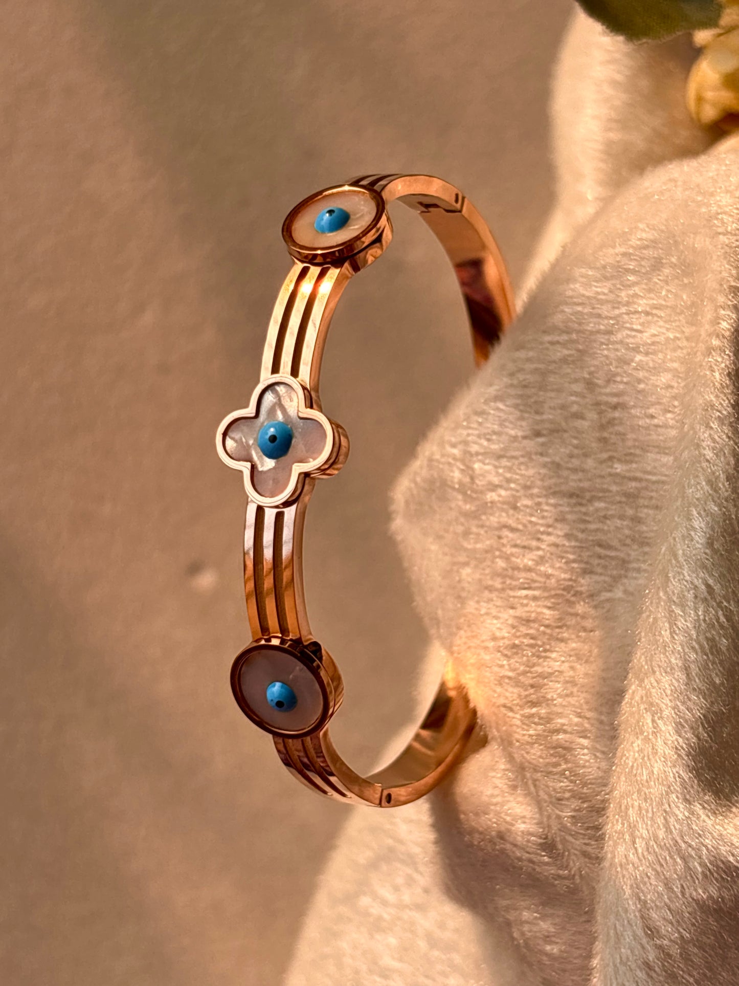 Clover Evil Eye Kada Bracelet Bangle - Rose Gold