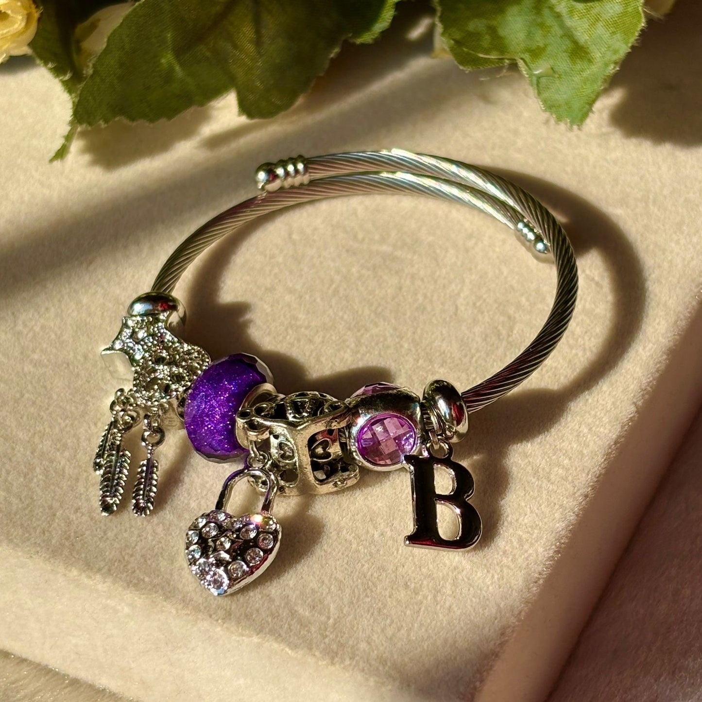 Pandora Style Purple Heart Dreamcatcher Charms Bracelet With Customised Initial ( Silver )