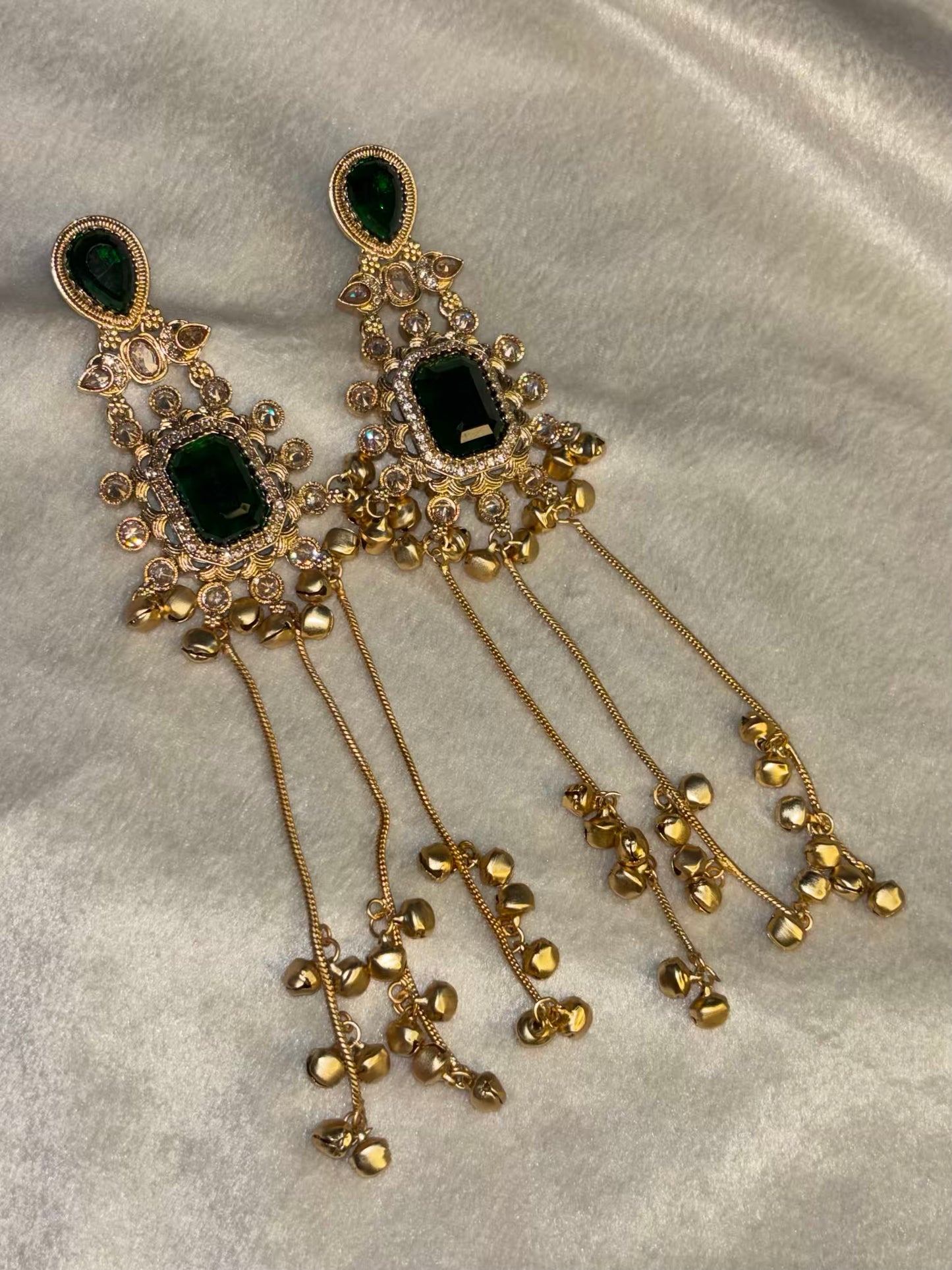 Green Emerald Kashmiri Brass Premium Plated Ghungroo Earrings ( FLAT 15% off At Cart )