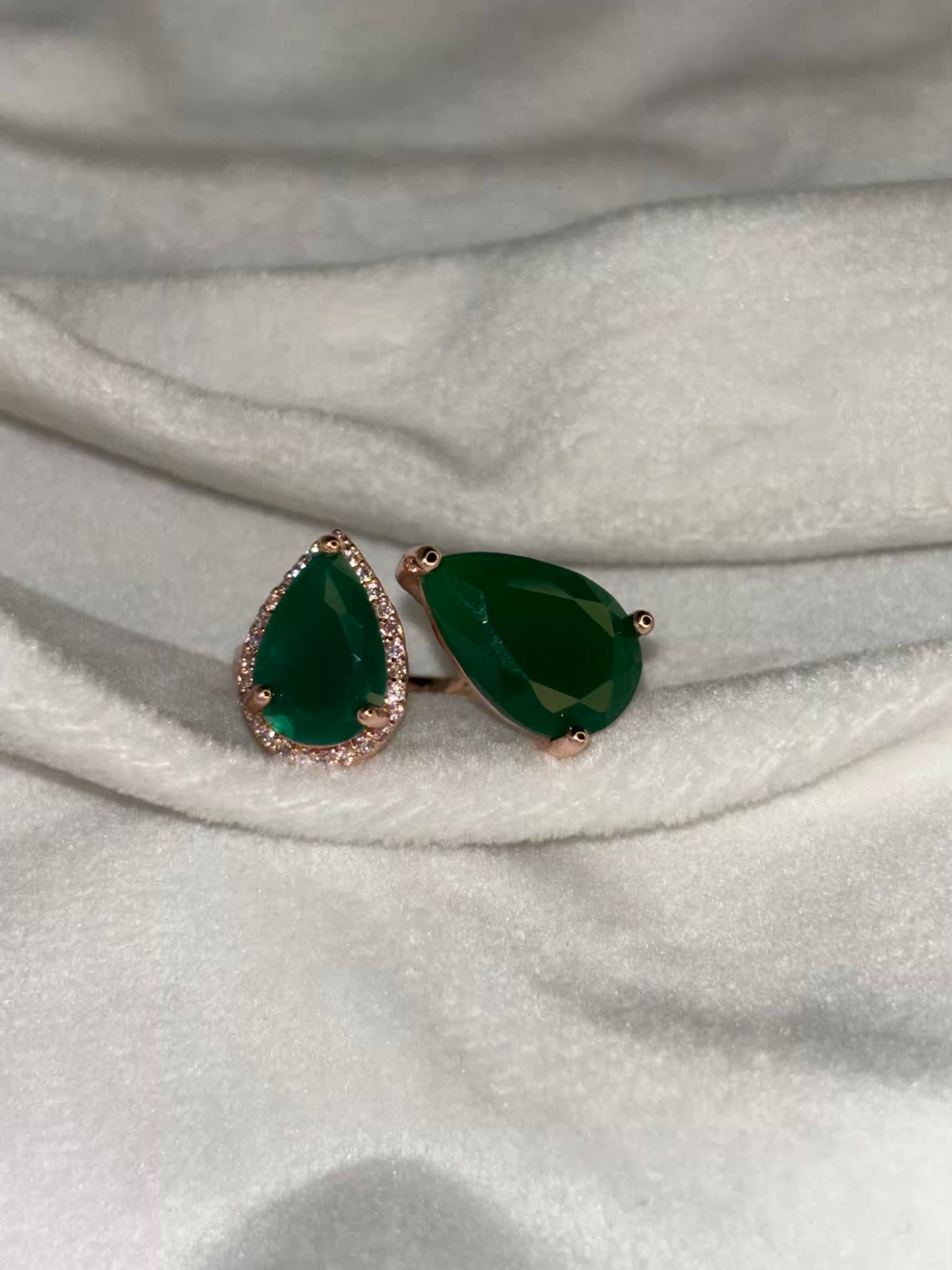 Green Emerald Dew Drop Rose Gold Ring- Adjustable