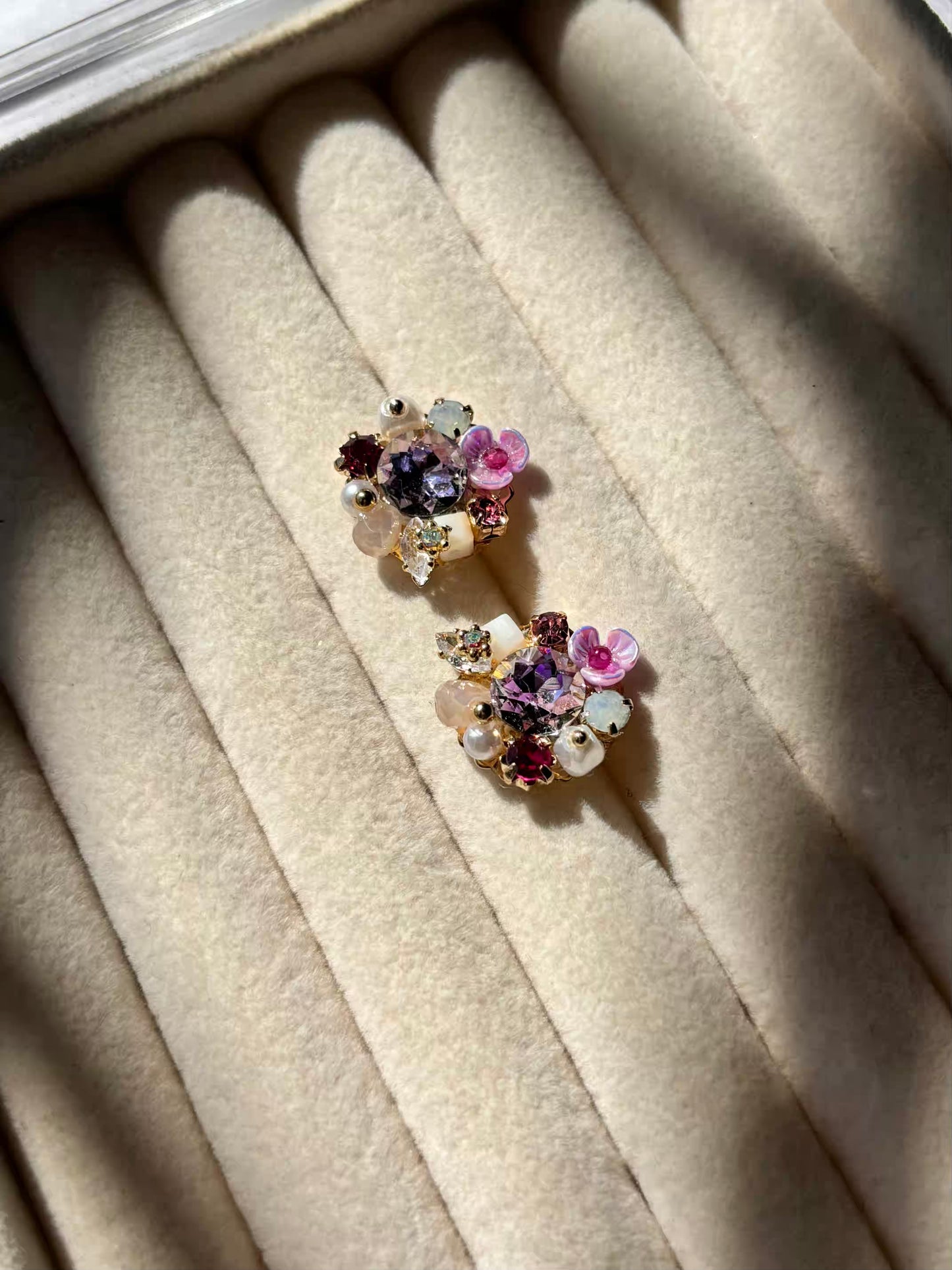 Purple Flower Pearly Earrings Studs - Gold Plated